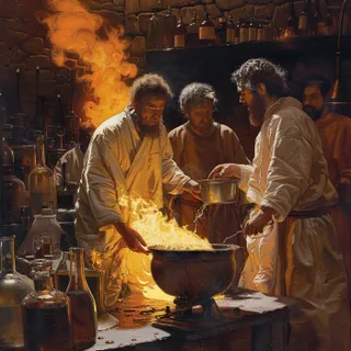 a painting of three men cooking in a kitchen