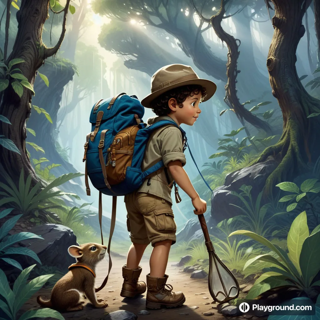 a boy with a backpack and a dog in a forest