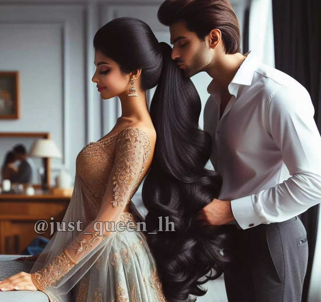 Kareena Kapoor with (((extreme long silky hair))) next to her husband