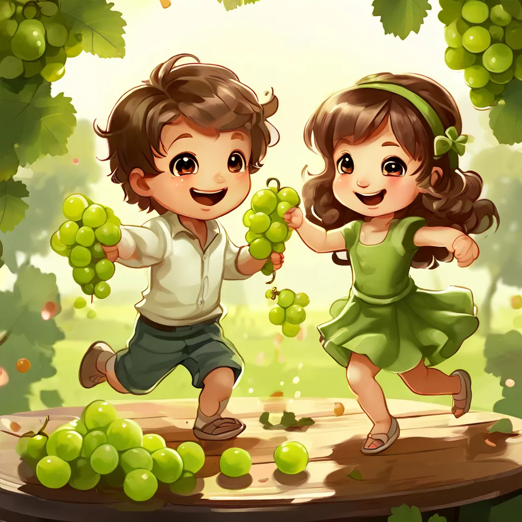 a boy and a girl are running through grapes