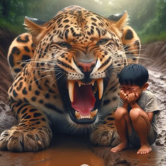 a young boy sitting next to a large tiger