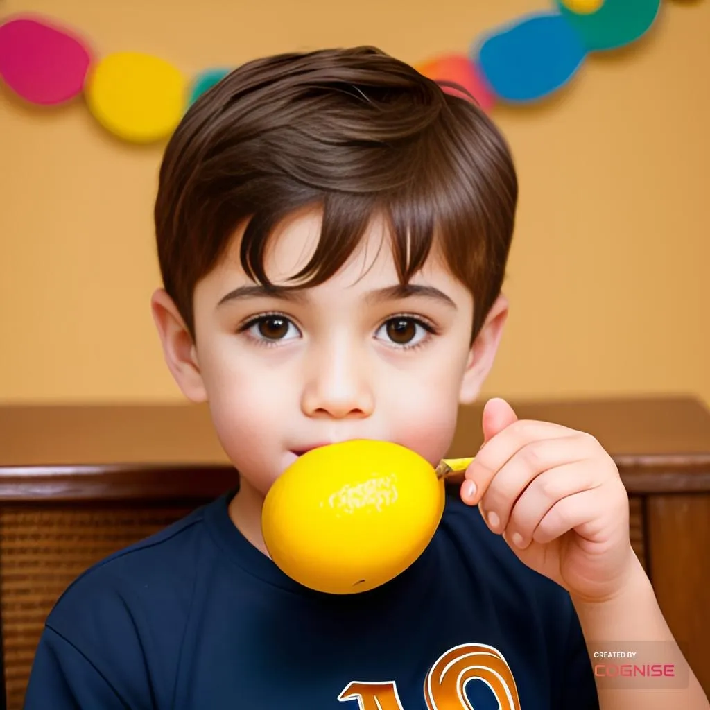 a young boy holding an orange in front of his face