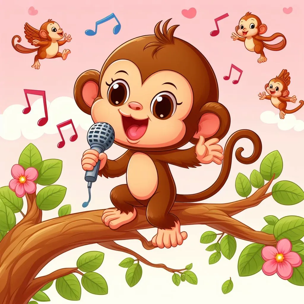 a monkey holding a microphone on a tree branch