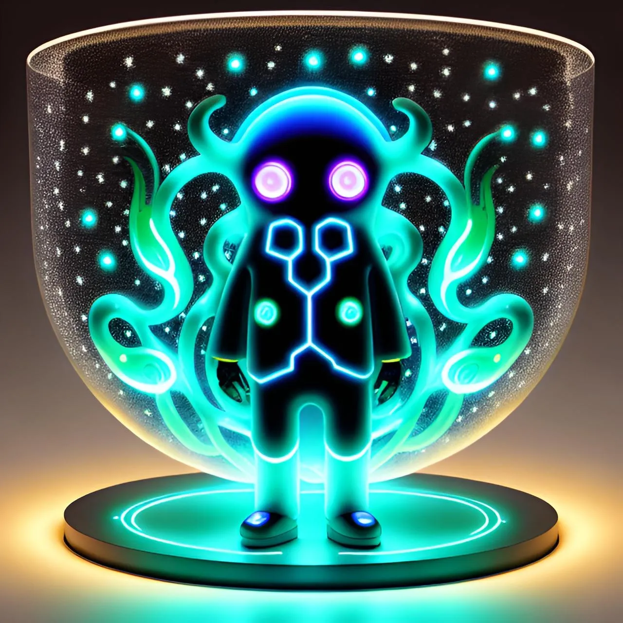 a glowing glass bowl with a cartoon figure inside of it