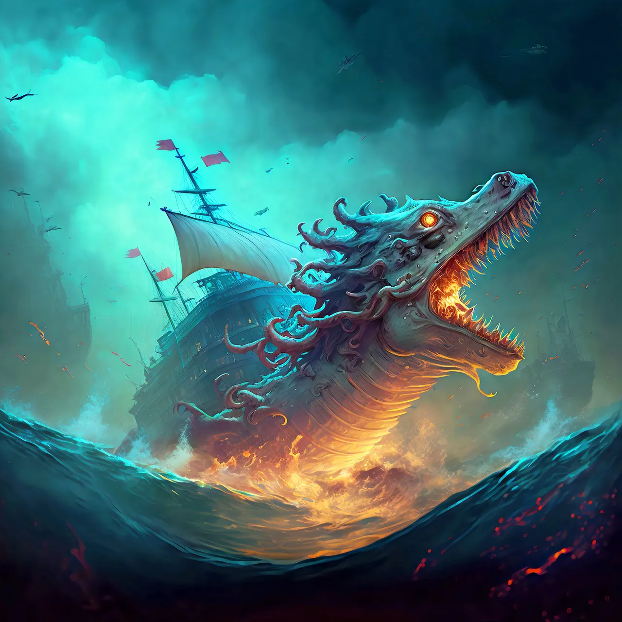 a painting of a dragon attacking a ship in the ocean