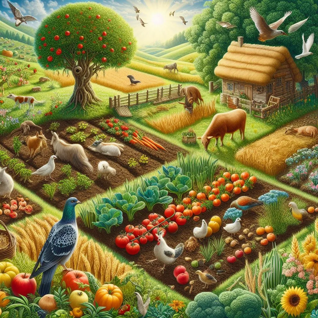 a painting of a garden with animals and birds