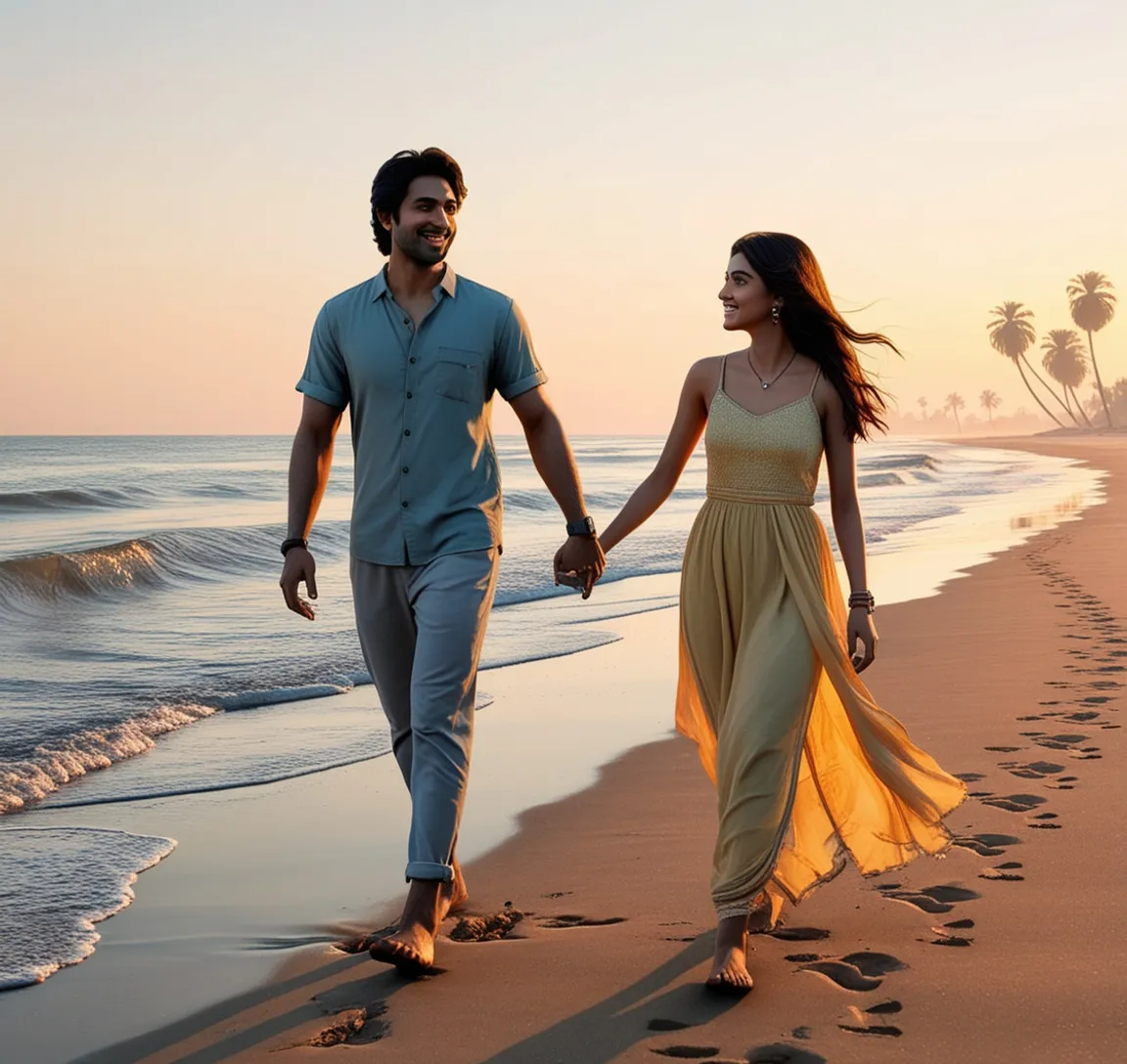 a man and a woman walking on a beach holding hands