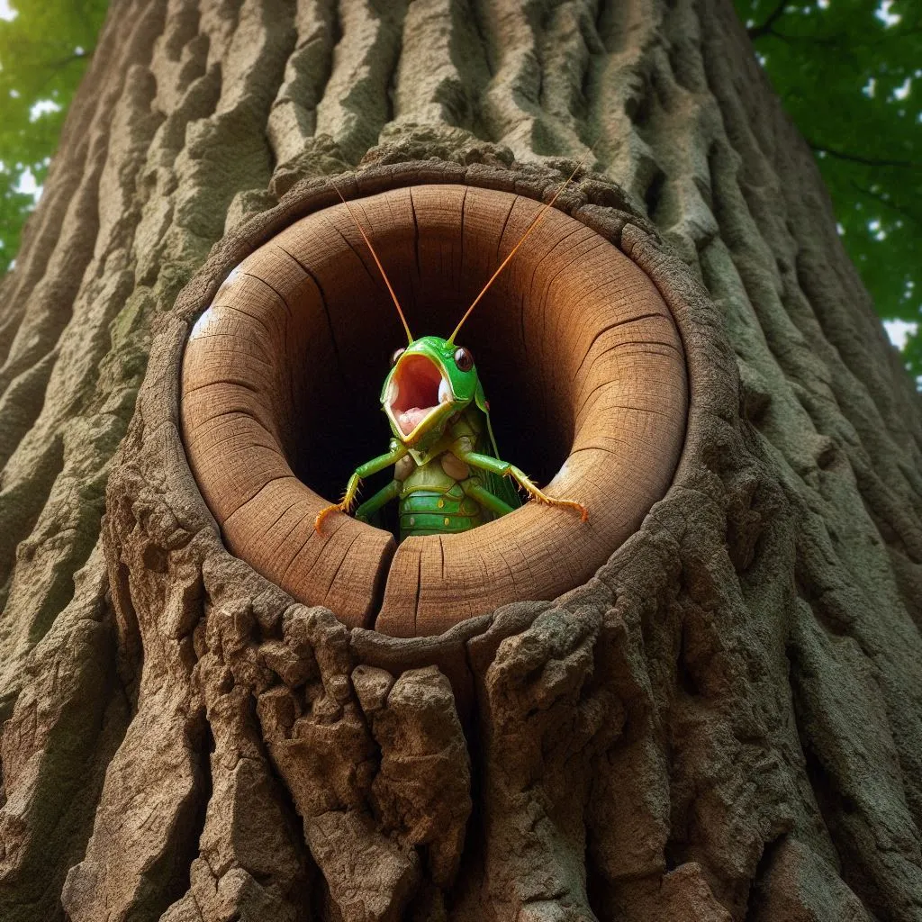 a green frog sitting inside of a hollow in a tree