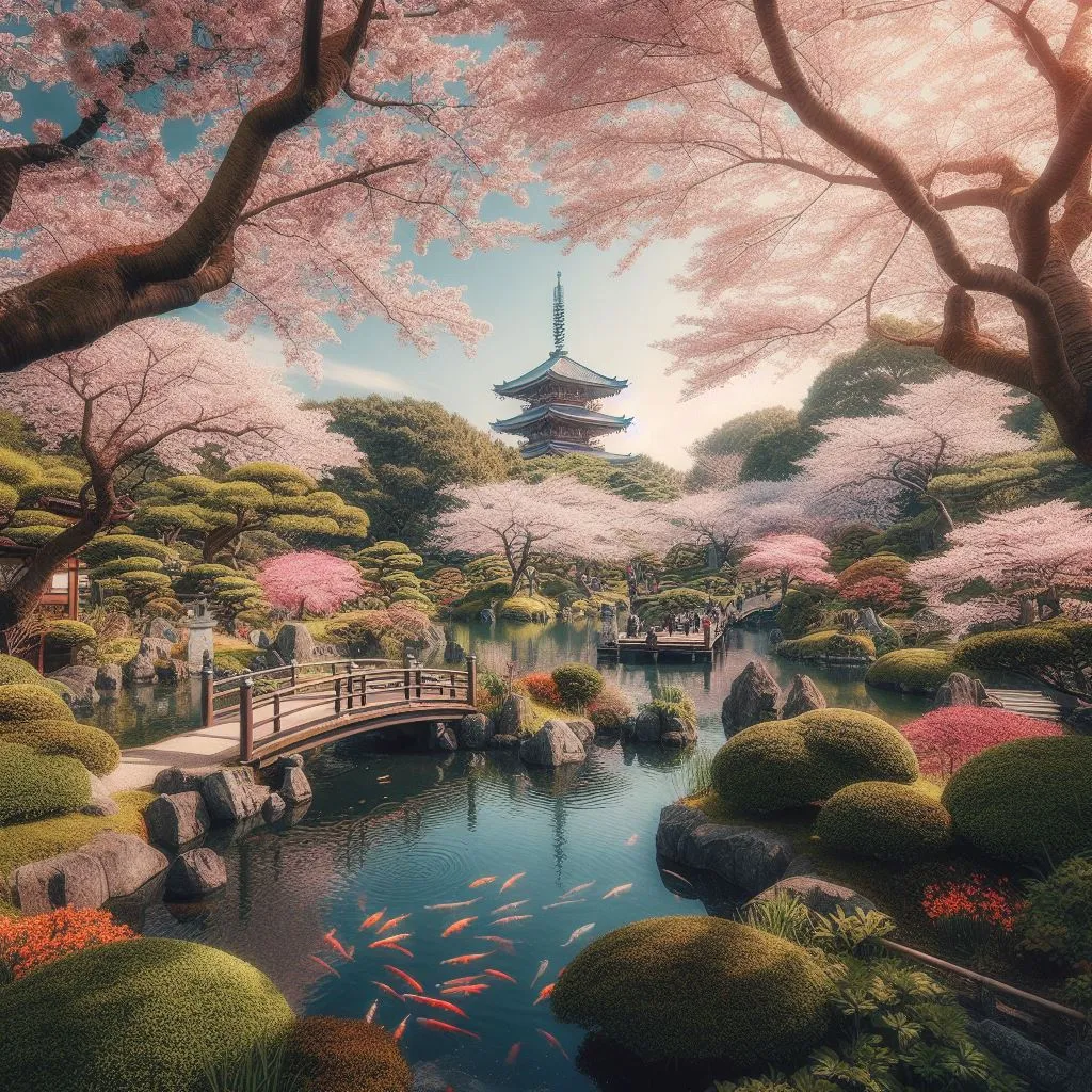 a painting of a japanese garden with a bridge