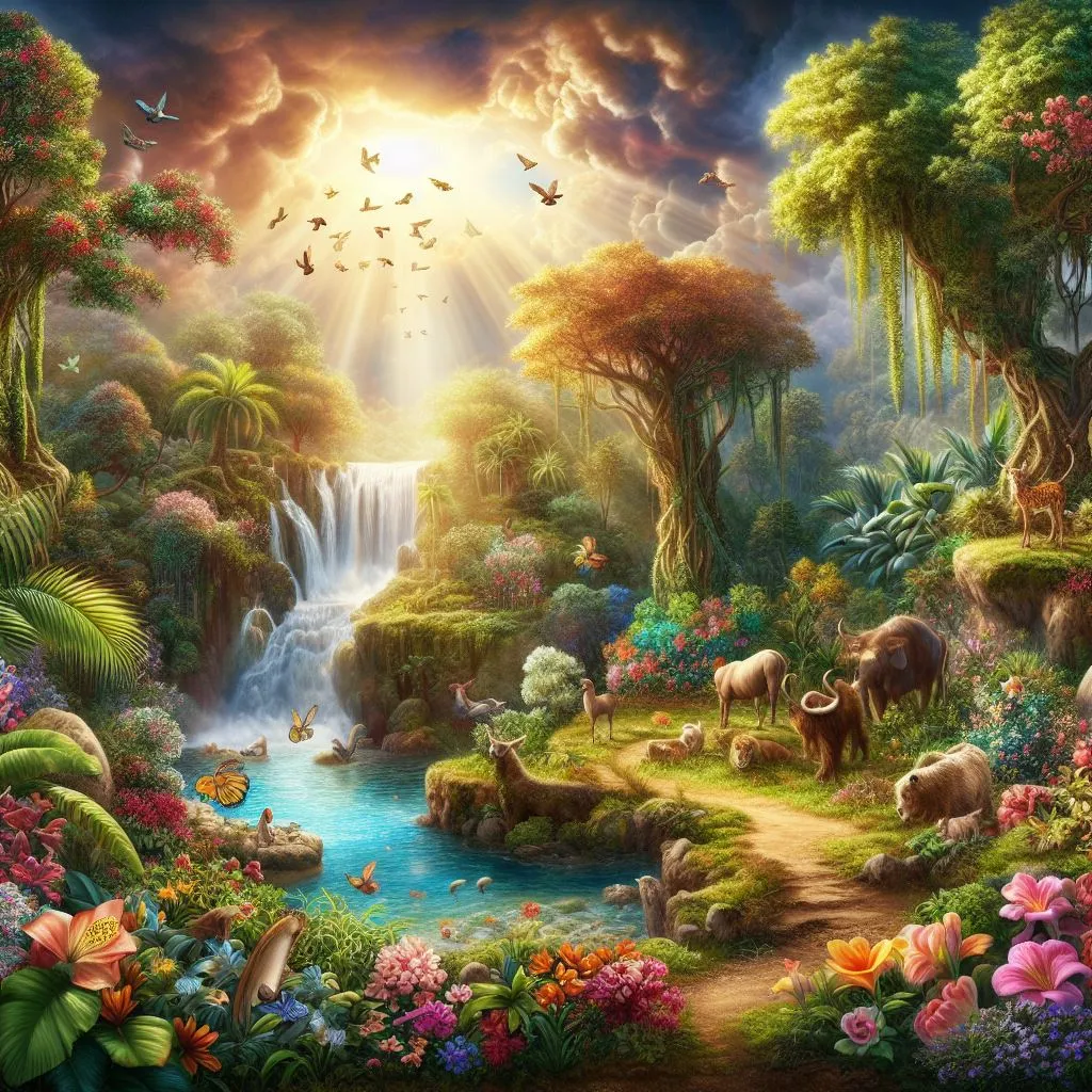 a painting of a forest with animals and a waterfall