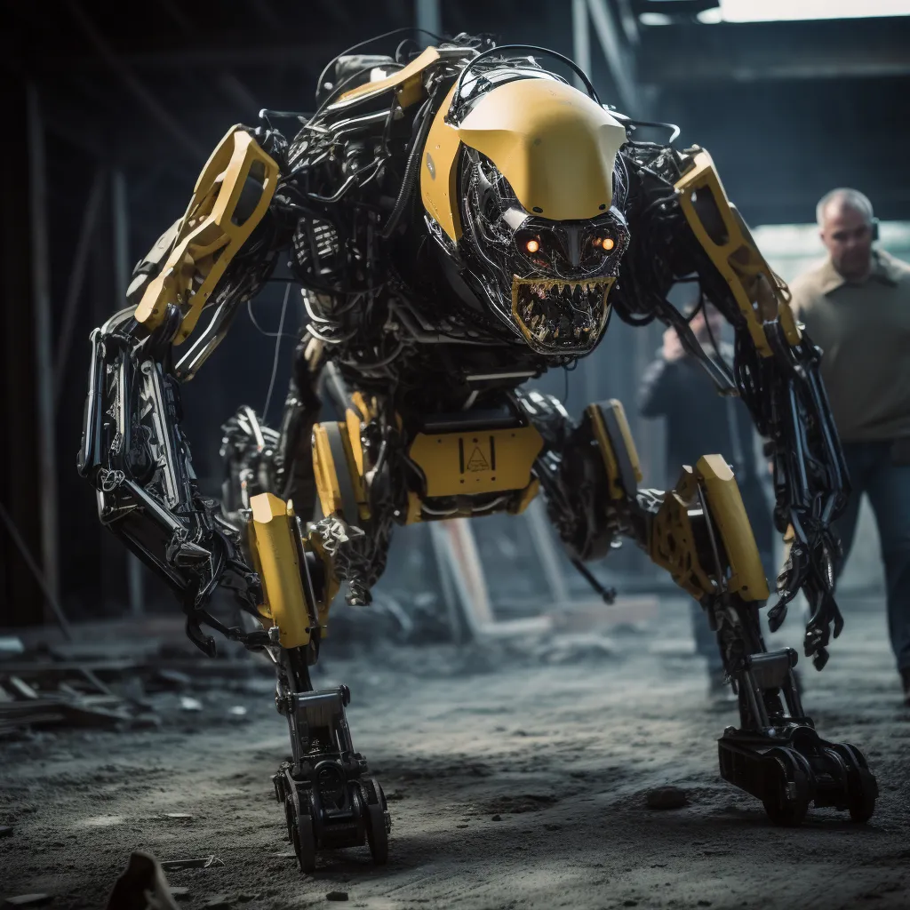 a man standing next to a robot in a warehouse