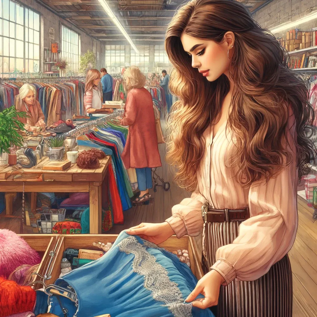 Woman in vintage boutique, surrounded by clothing racks and eclectic decor