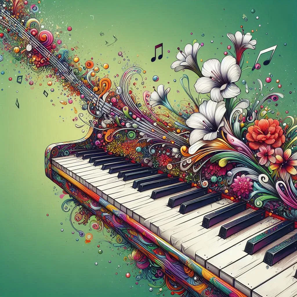 a piano with flowers and music notes on it