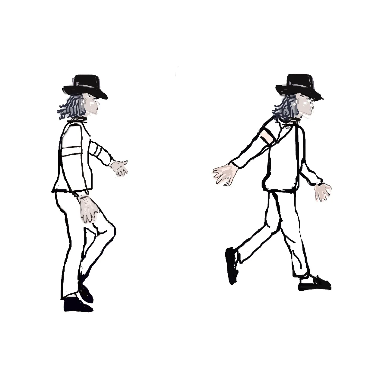 a black and white drawing of a man in a hat moonwalking and dancing