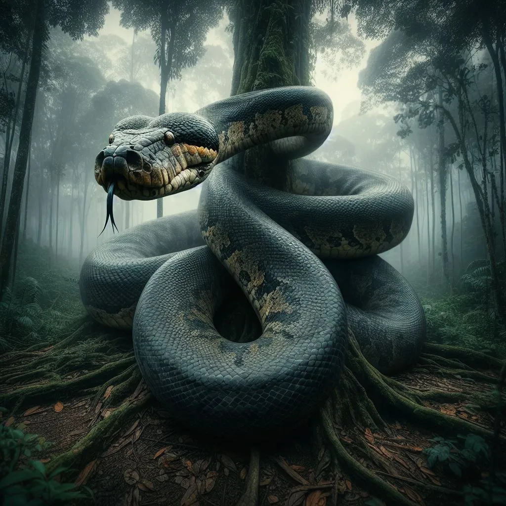 Jungle explorer discovers an anaconda with human-like eyes on a close-up tree branch shot