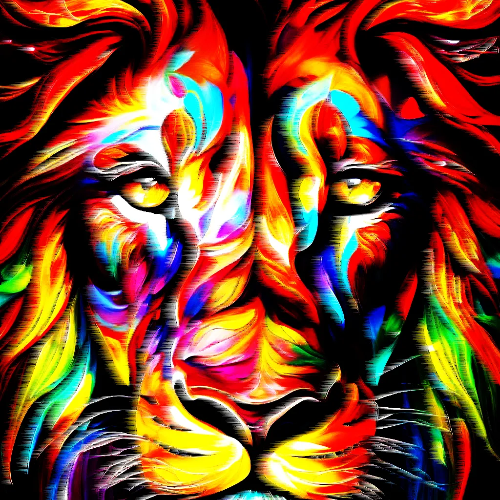 a painting of a lion's face on a black background with constantly shifting colors