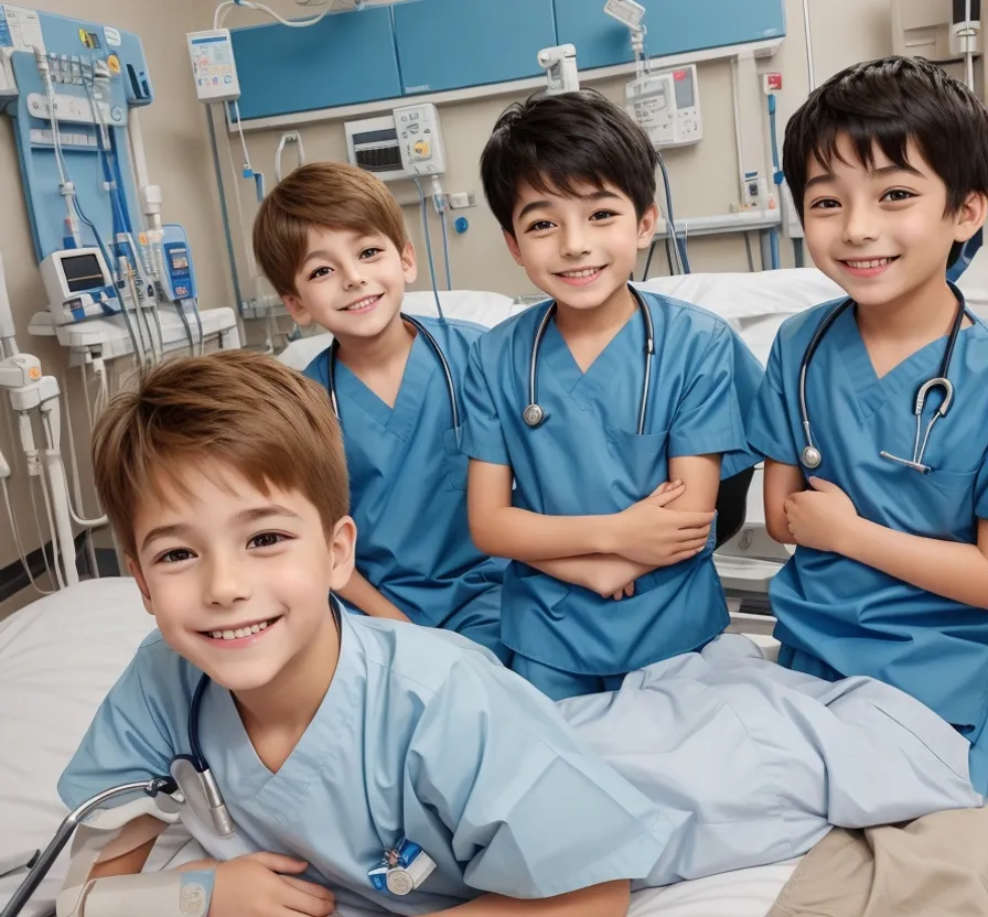 a group of young boys sitting on top of a hospital bed