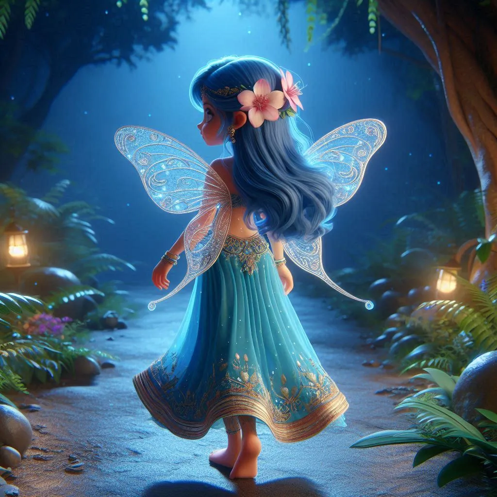 a beautiful fairy with blue hair wearing blue lehehenga,flower  on the head in the jungle at night   standng barefoot posterior view  3D animation cartoon 