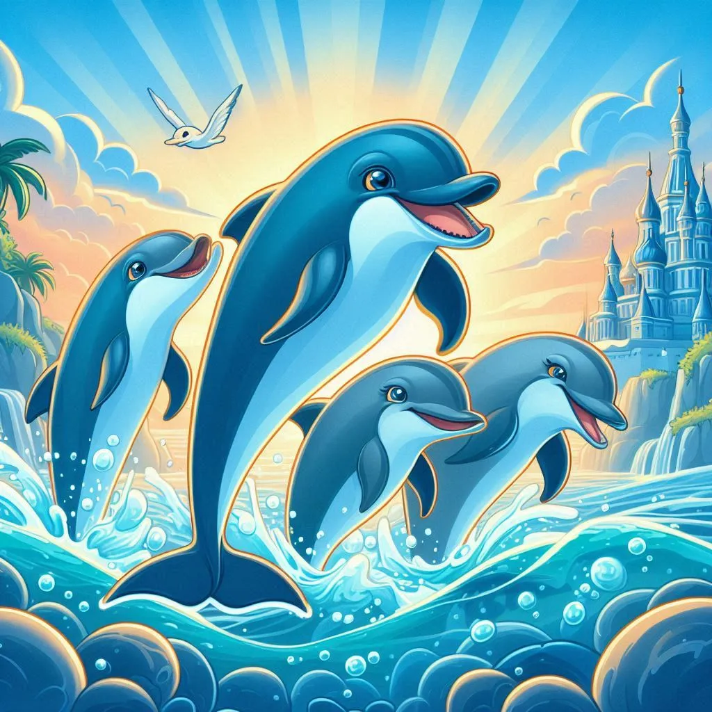 a painting of three dolphins jumping in the air