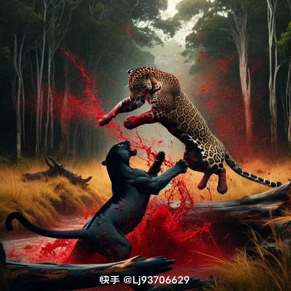 a painting of a leopard attacking a black cat