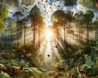 a painting of a forest filled with animals