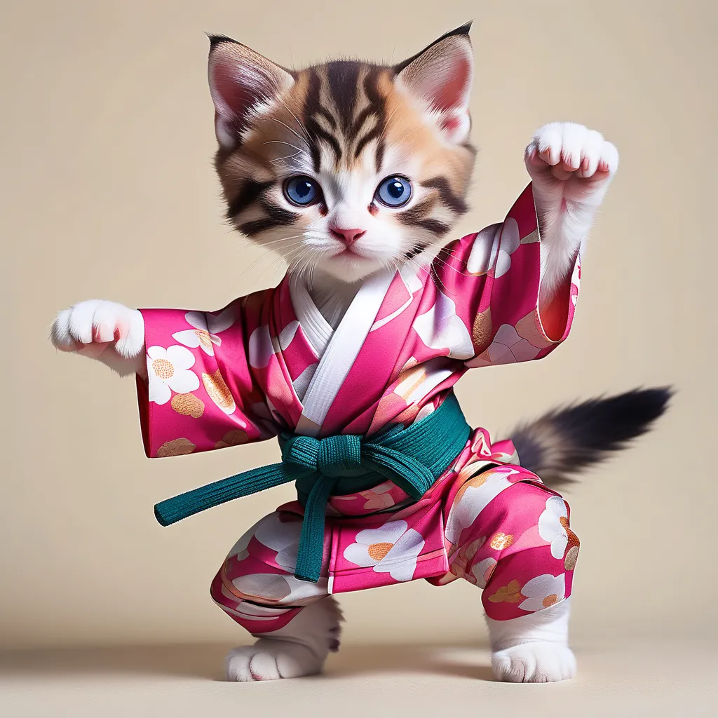 a kitten in a kimono is posing for a picture