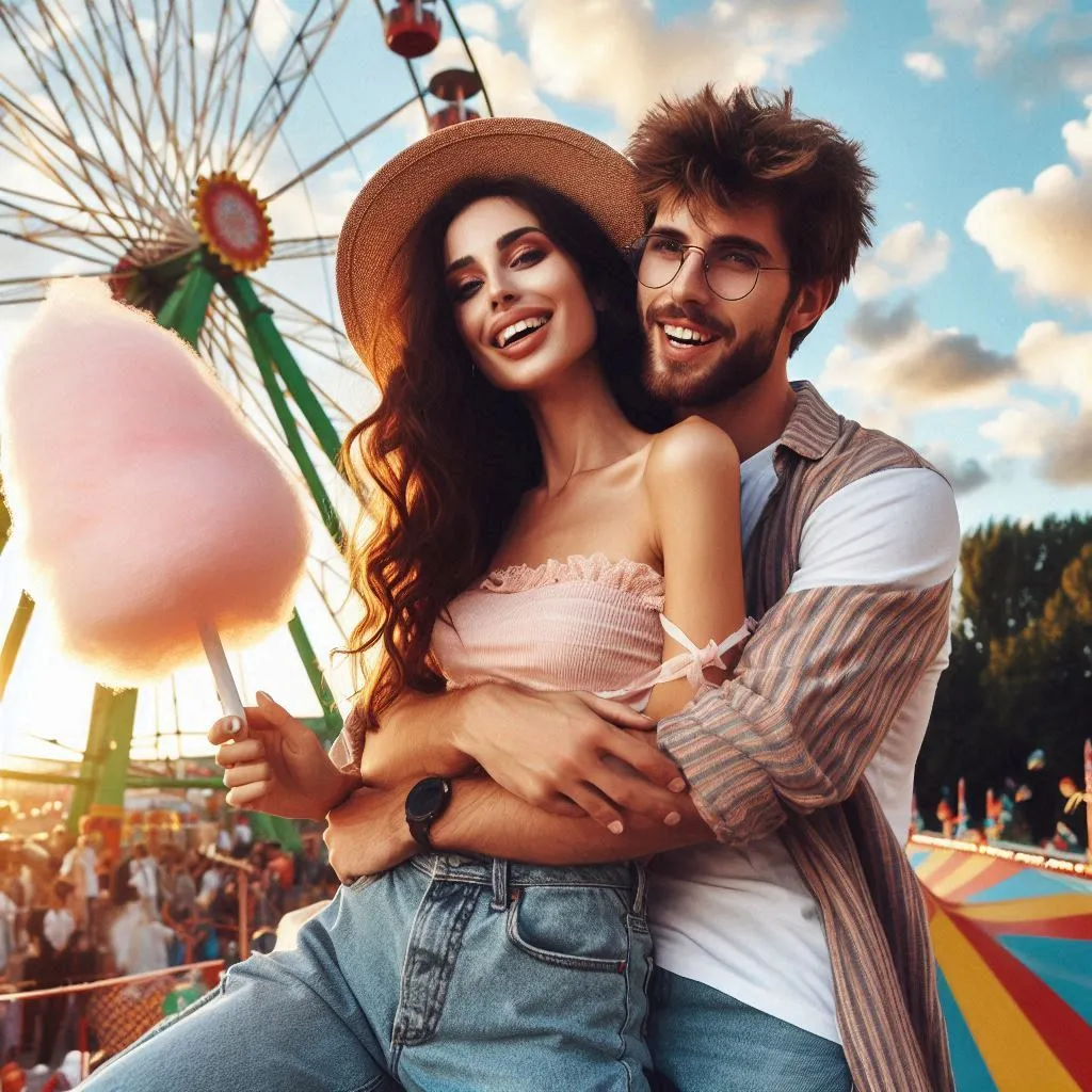 Location: Amusement park Characters: A man and a woman in love. Objects: Ferris wheel and cotton candy.  Description: The man and woman in love playfully chase each other during a sunny afternoon, laughing and sharing moments on rides and eating cotton candy, embodying the wild and carefree nature of their love.