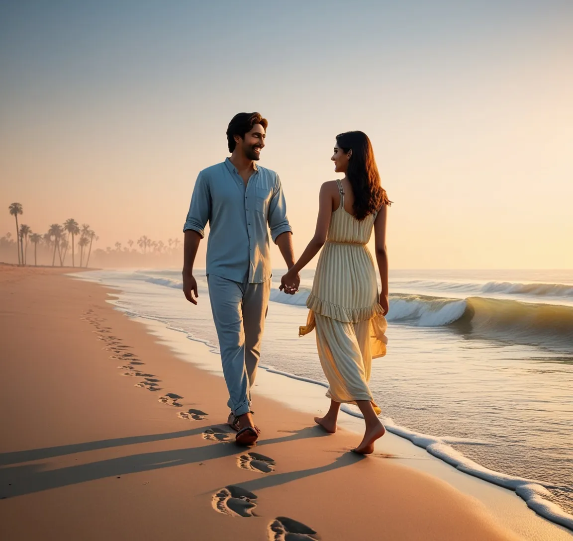 a man and a woman walking on a beach holding hands