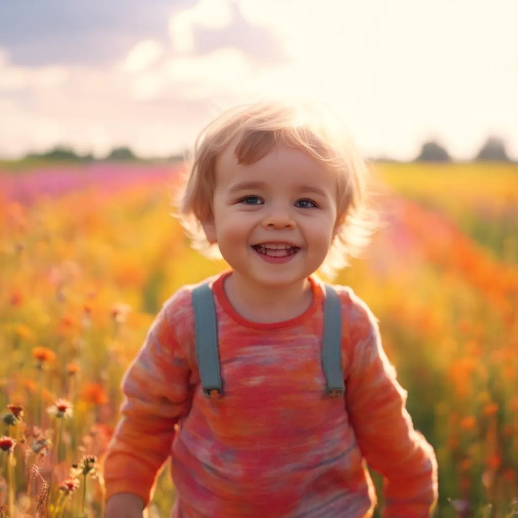 a little girl standing in a field of flowers