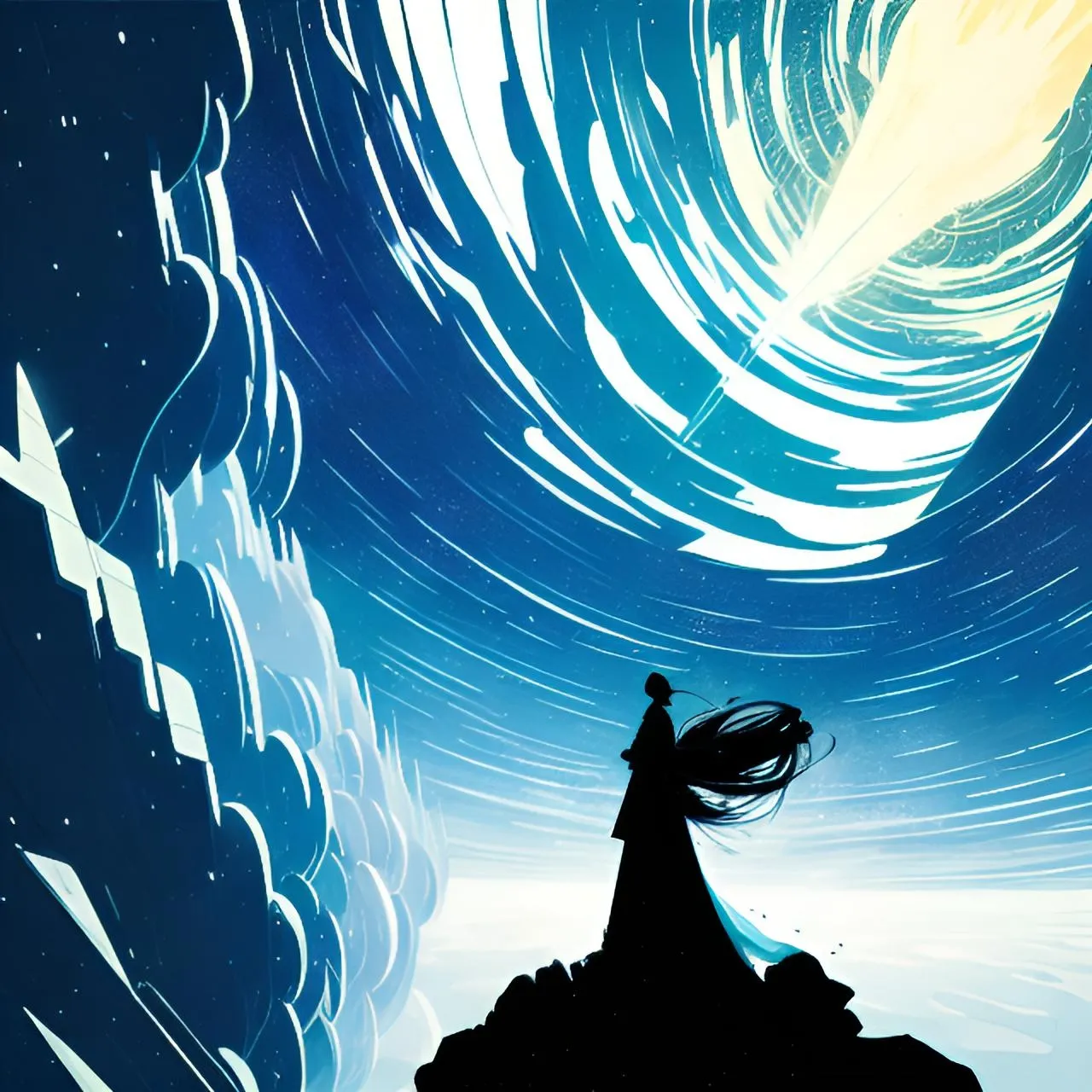 a woman standing on top of a mountain under a sky filled with stars