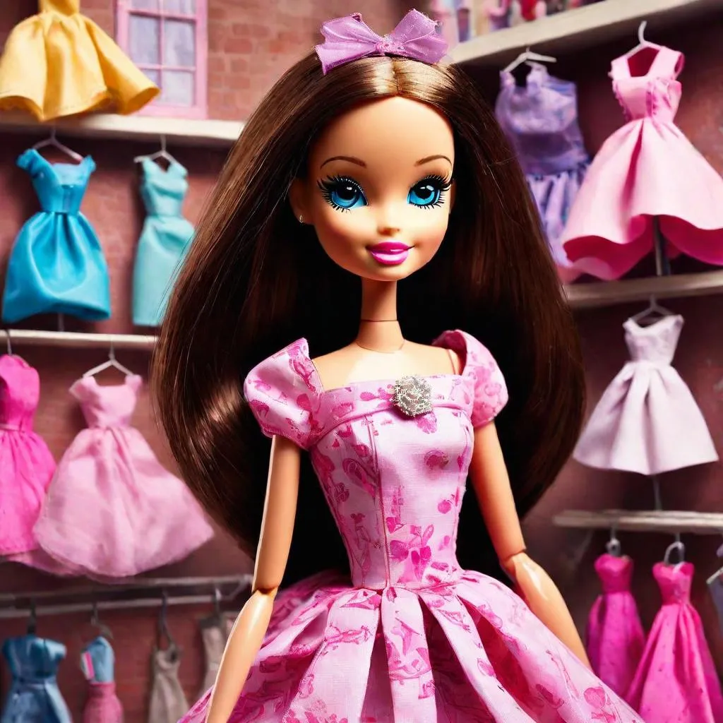 a barbie doll is standing in front of a rack of dresses