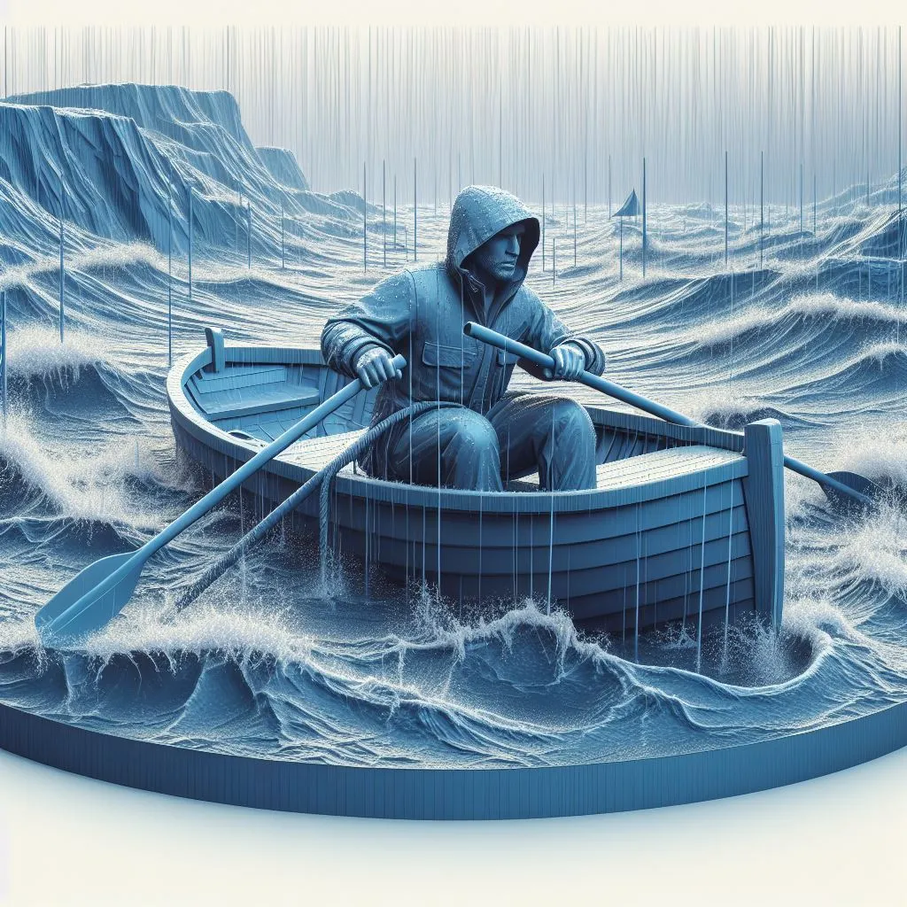 a man sitting in a boat in a body of water, In the middle of a storm with rain falling, lightning and the sea, angry man rowing , in a raw 3D version with relief inflating technique, without color landscape."