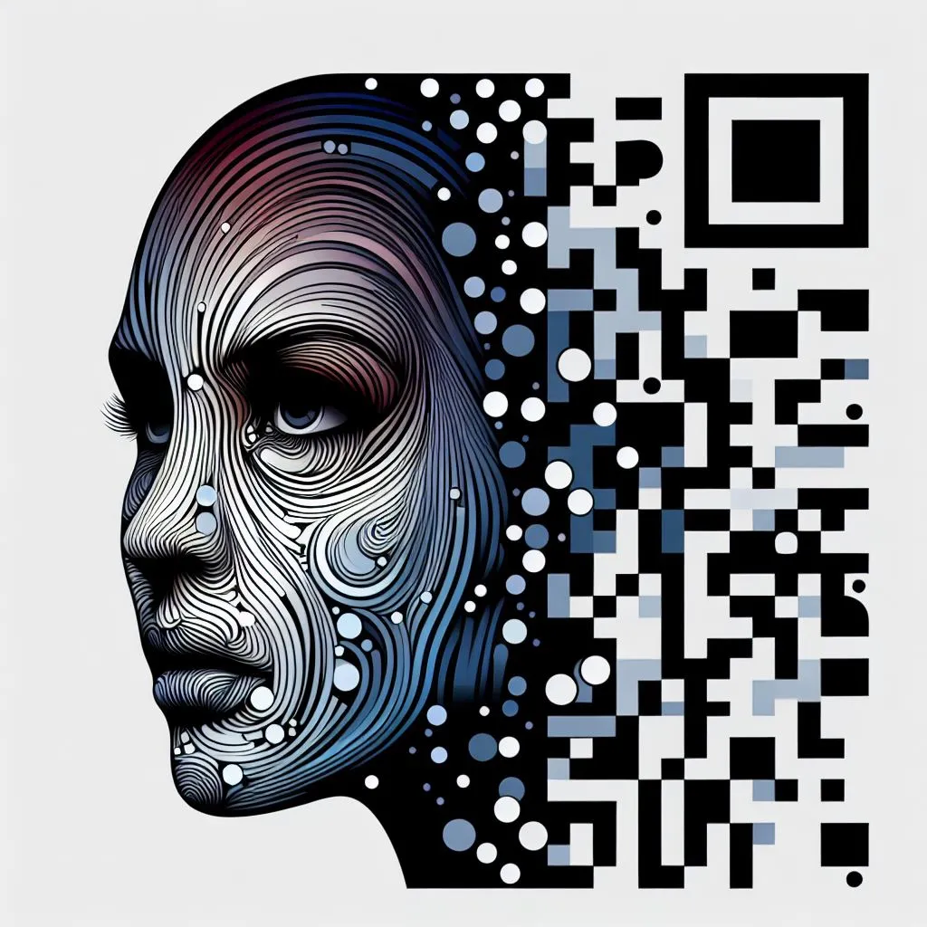 a woman's face is shown with a qr code