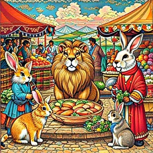 a painting of rabbits and lion at a market