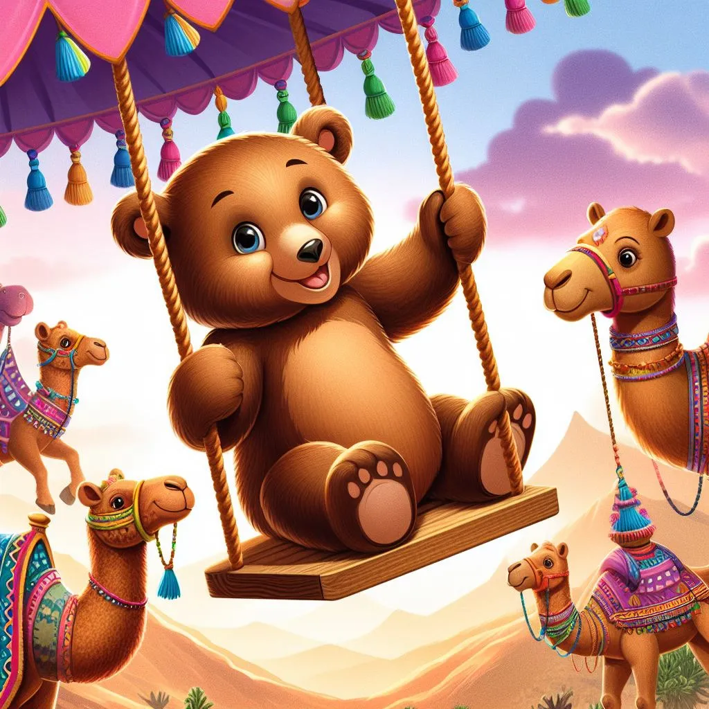 a brown teddy bear sitting on a swing