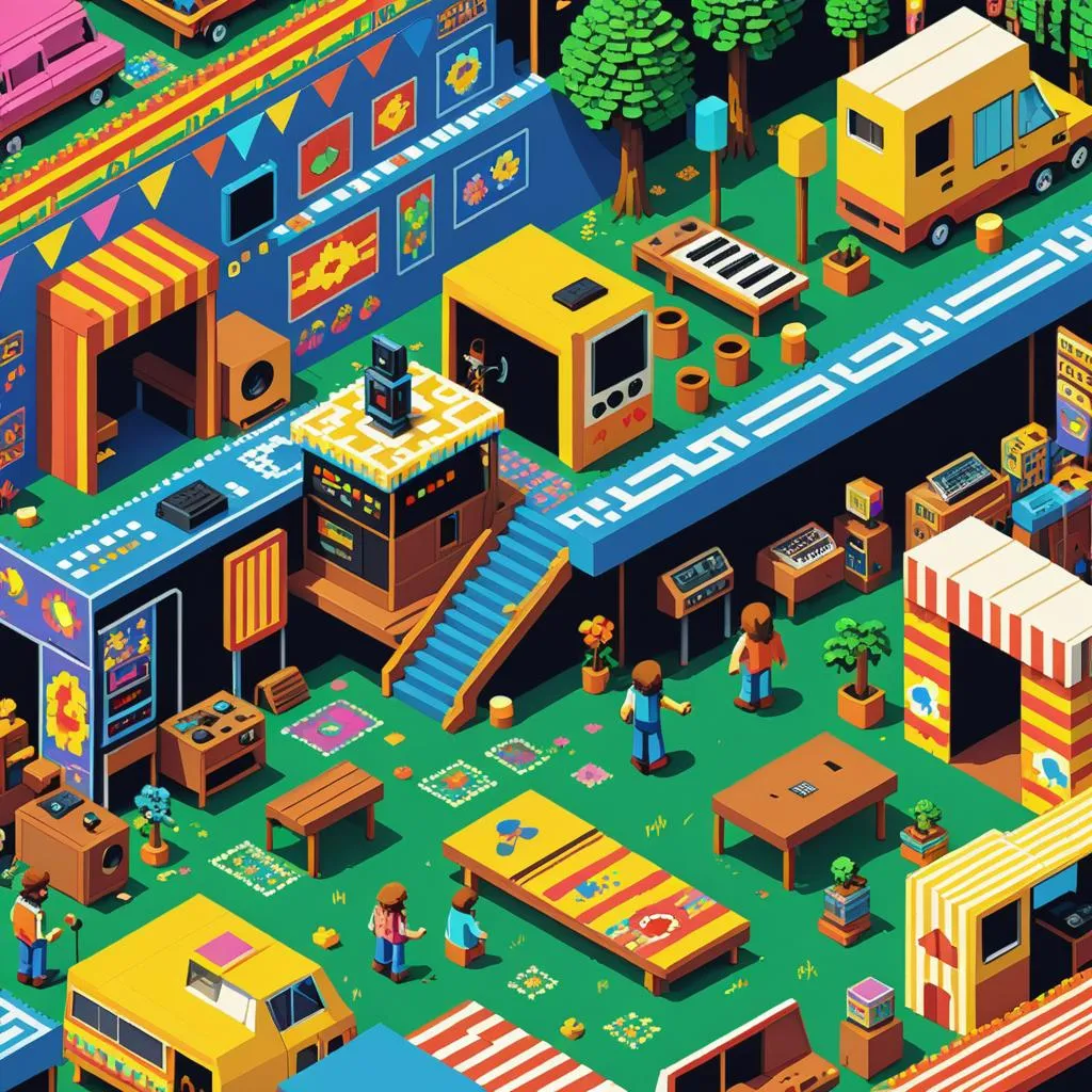 a colorful illustration of a small town with a lot of people