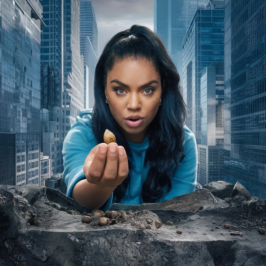 A rapper immersed in an urban city, surrounded by skyscrapers and concrete, holding a seed in her hand with determination in her gaze, representing inner strength and the will to overcome challenges.