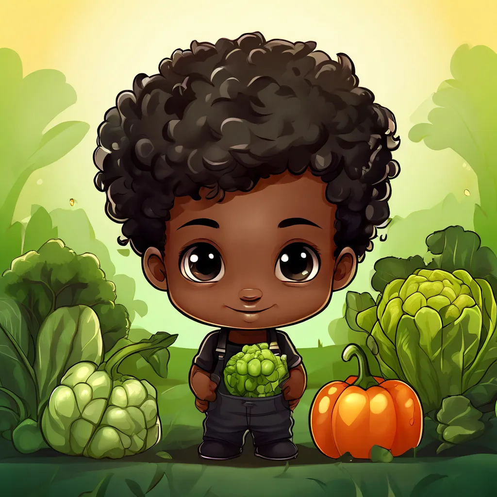 a cartoon boy holding a piece of broccoli