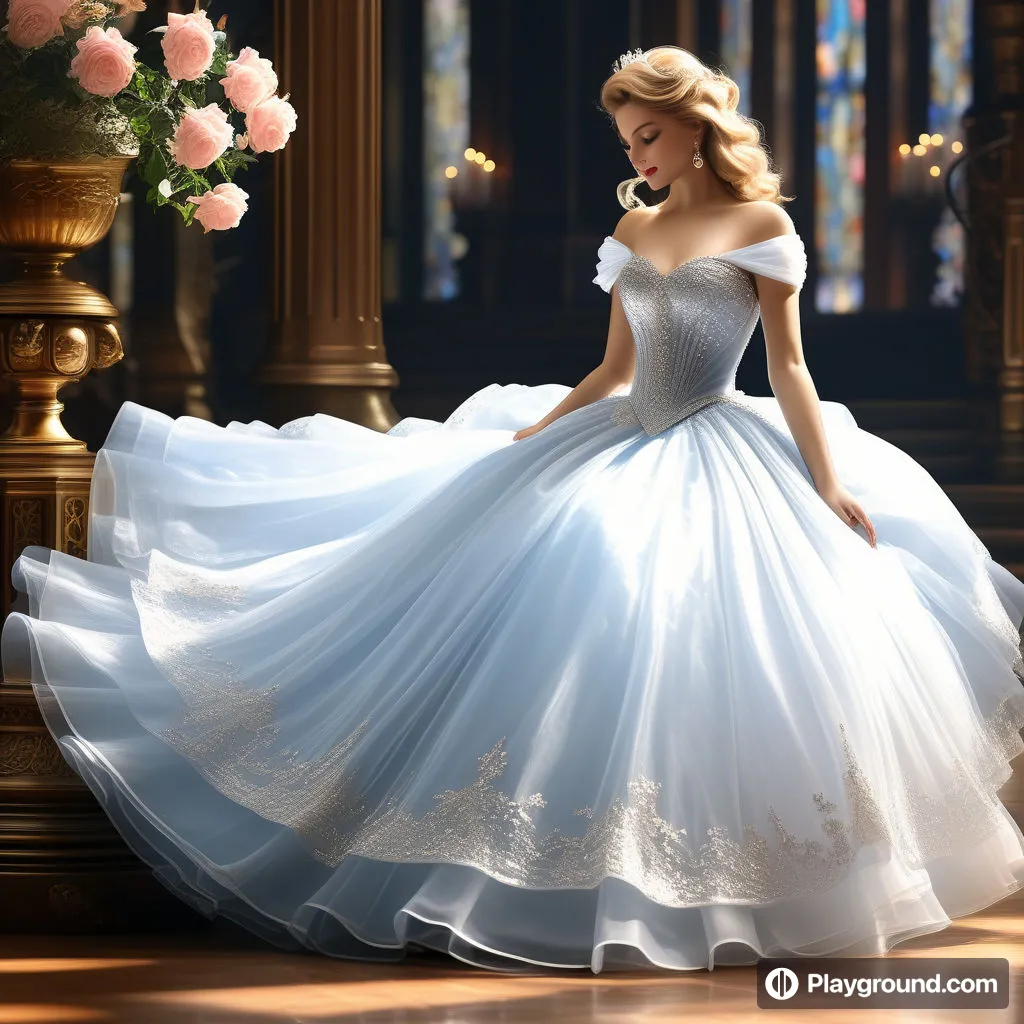 a woman in a blue and white dress standing in a room