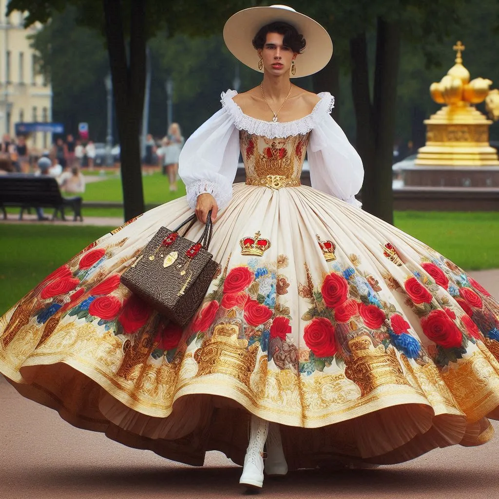 a man in a dress and hat with a purse