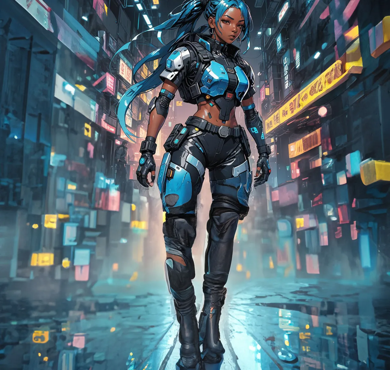 a woman in a futuristic suit walking through a city