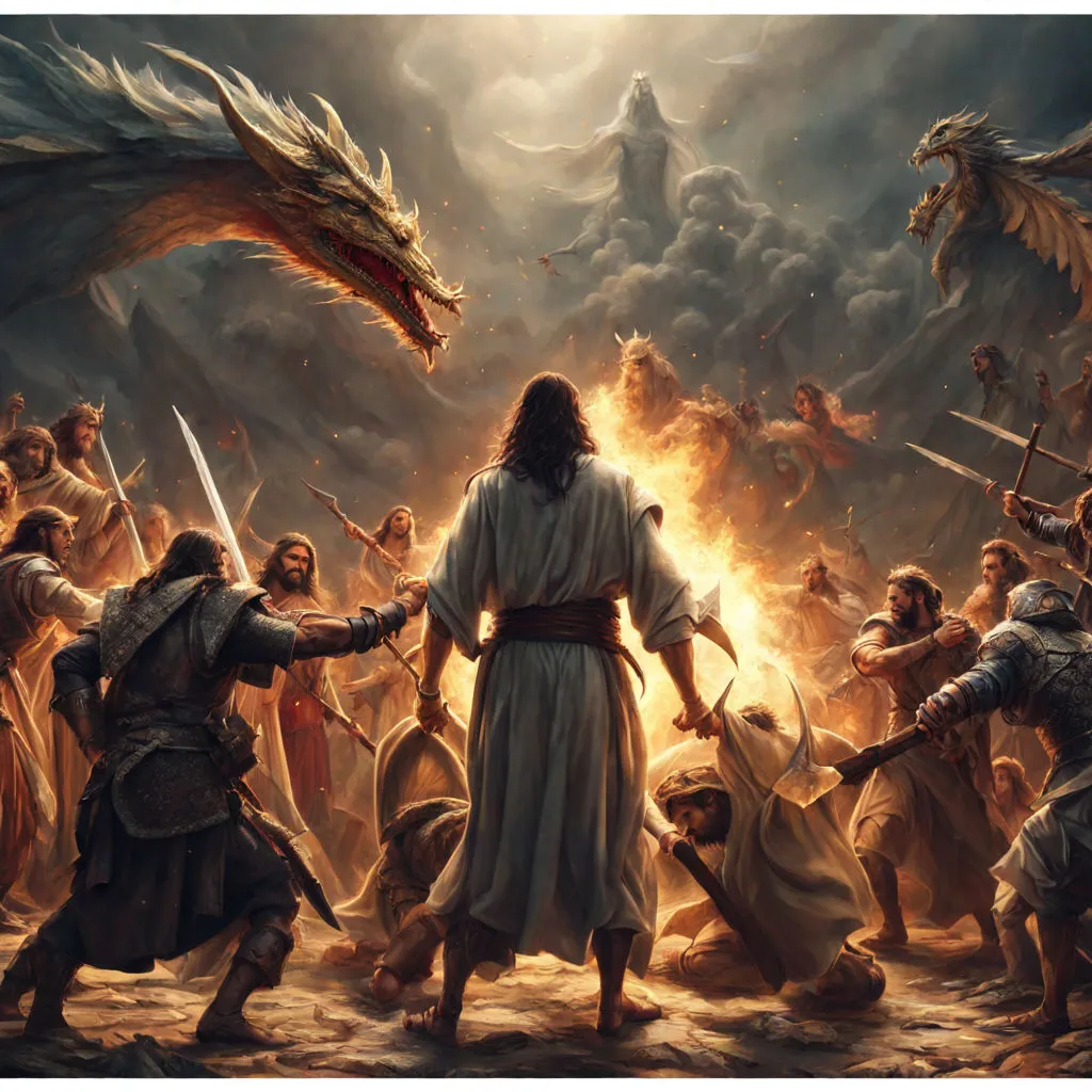 a painting of a man standing in front of a dragon