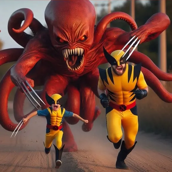 wolverine and little wolverine running away from giant octopus-monster