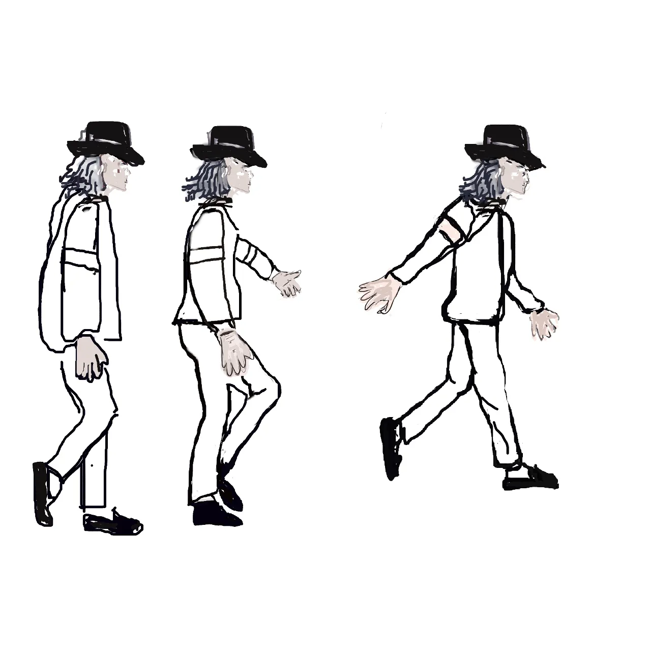 a black and white drawing of a man moonwalking and dancing