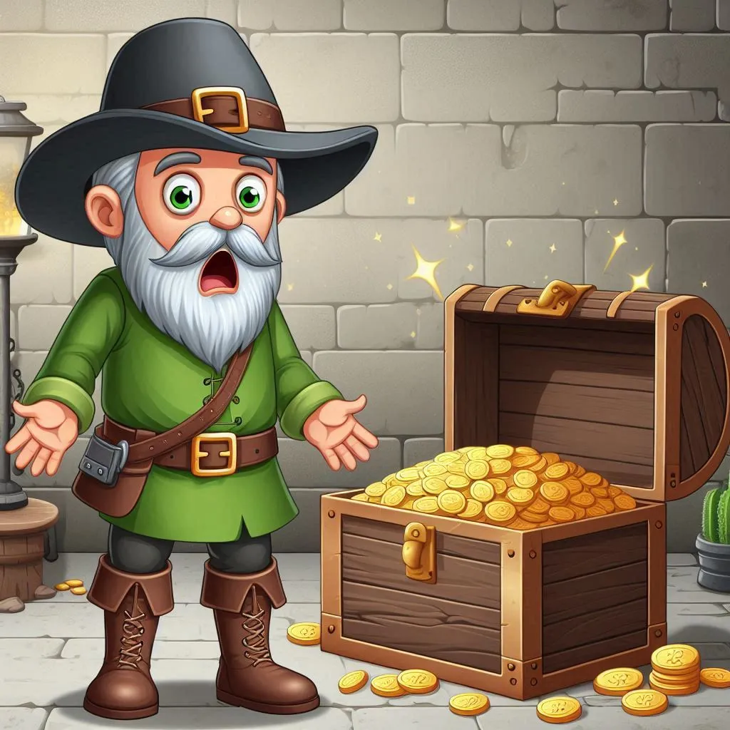 an old surprised   robber  standing infront wearing boot   green dress , , grey hat from treasure box D animation cartoon ancient time 