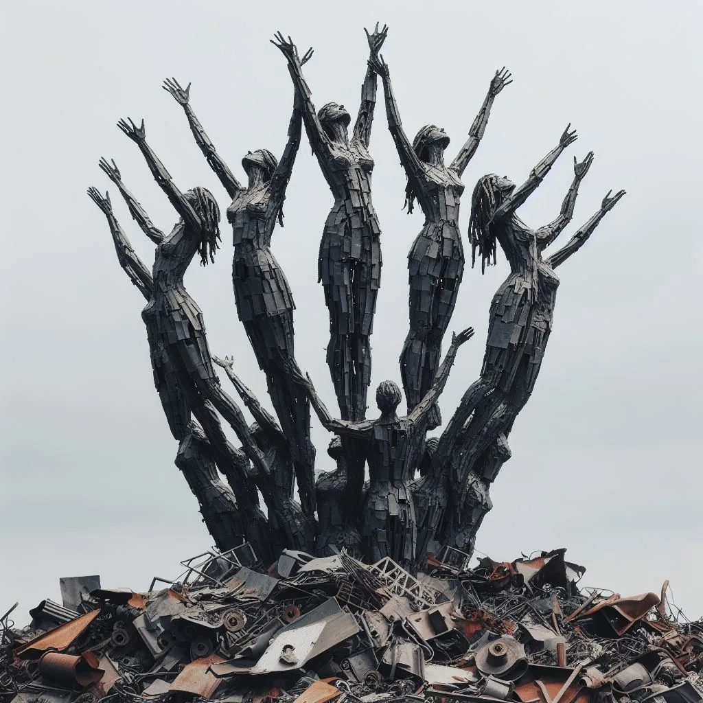 a pile of junk with a statue of people on top of it