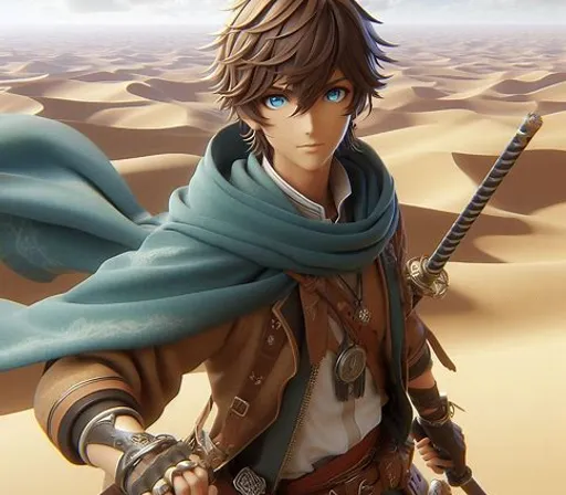 a man in a desert with a sword