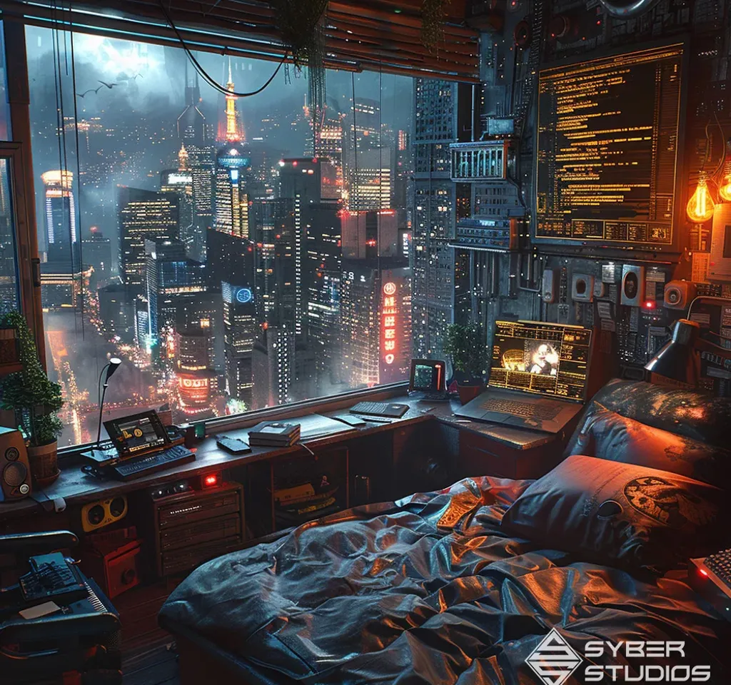 a bedroom with a view of a city at night