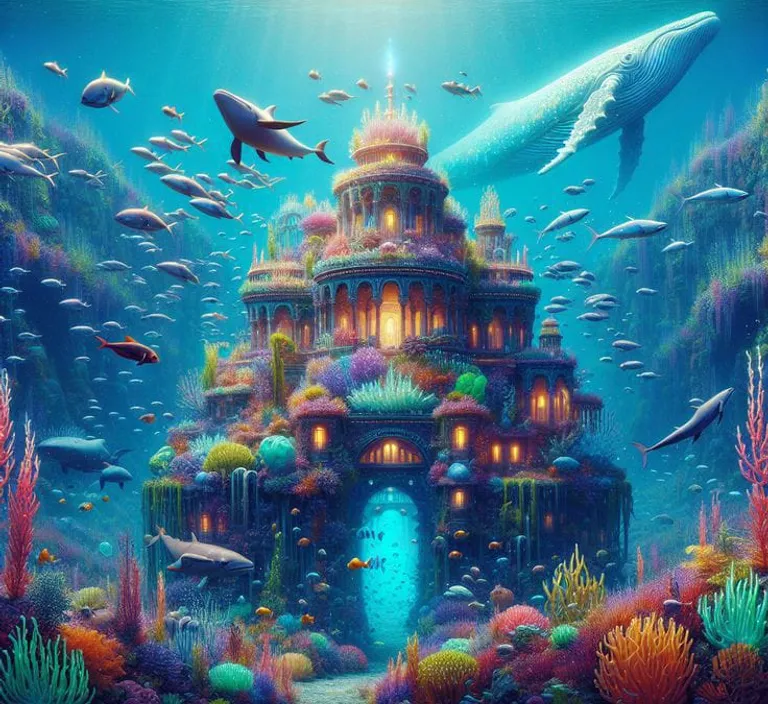 a painting of a castle surrounded by sea life