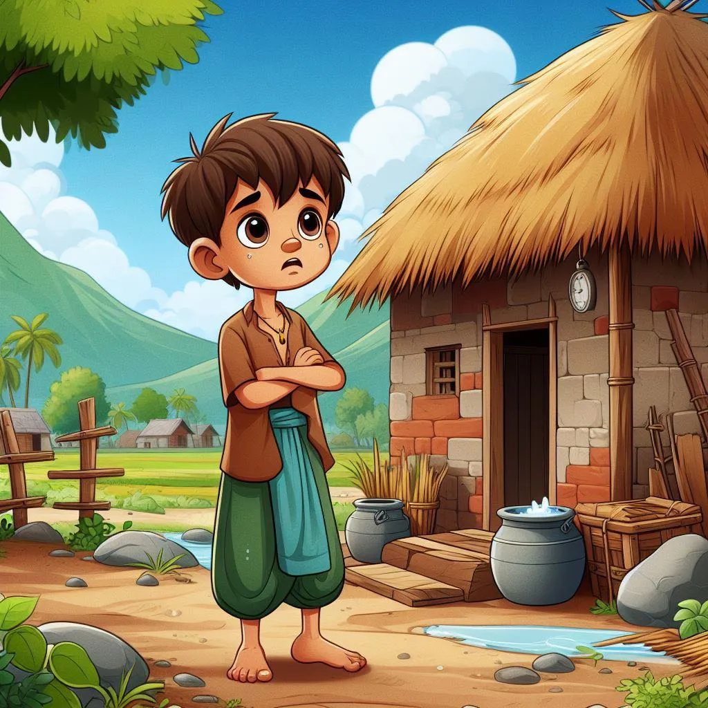 a boy standing in front of a small hut